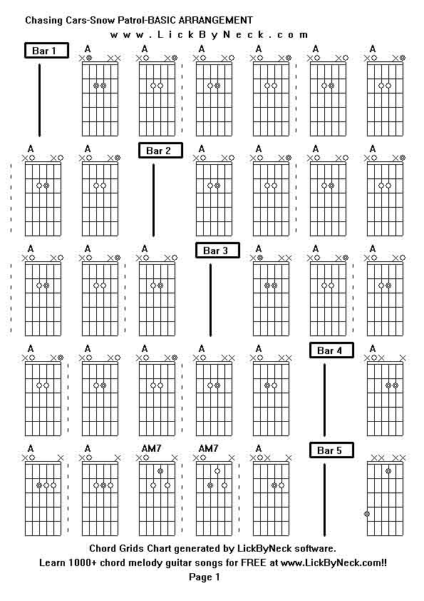Chord Grids Chart of chord melody fingerstyle guitar song-Chasing Cars-Snow Patrol-BASIC ARRANGEMENT,generated by LickByNeck software.